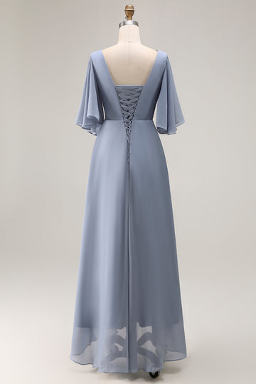 Dusty Blue A Line Asymmetrical Neck Mother Of The Bride Dress With Sleeves
